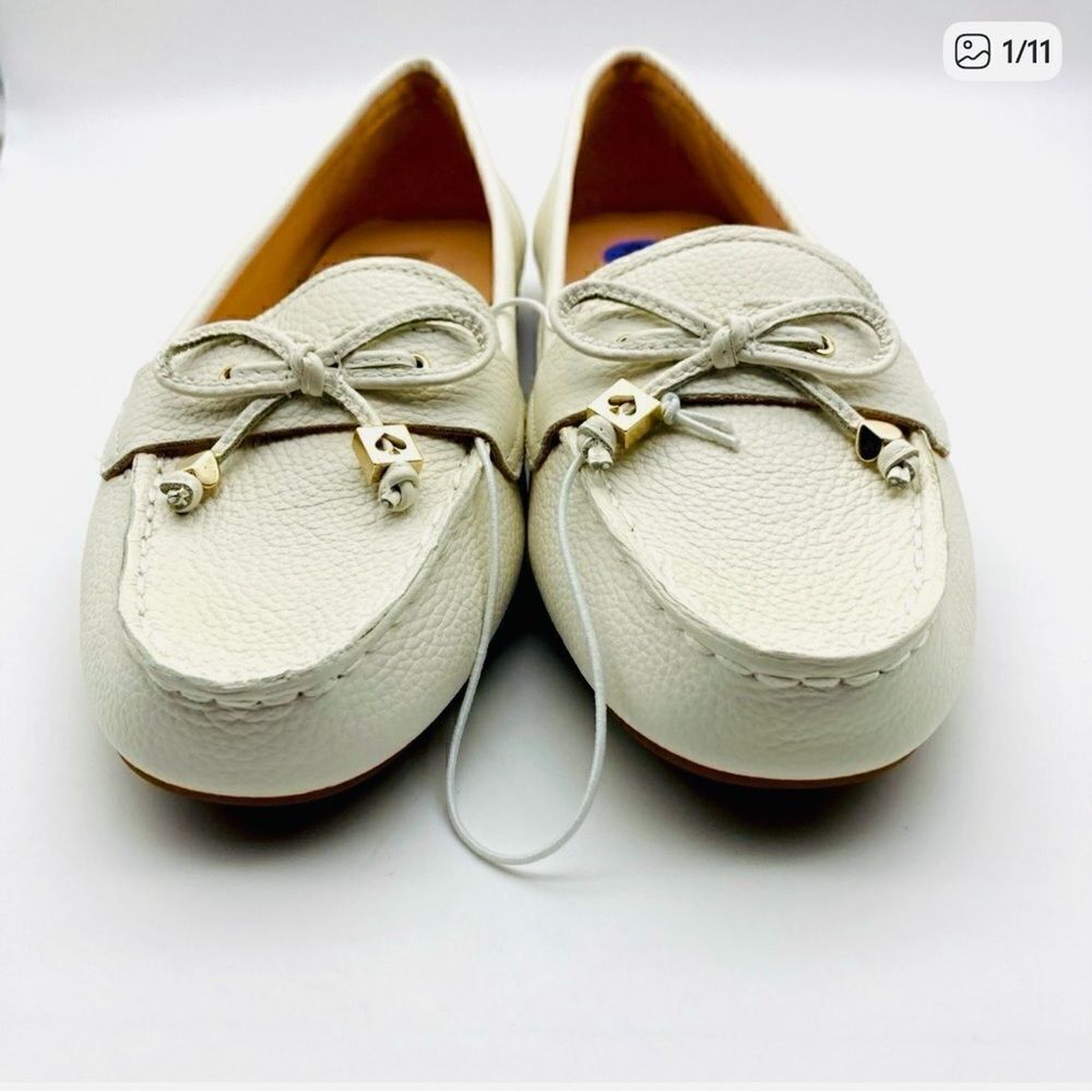 Kate Spade Sheshire Tie White Pebble Leather Bow Loafers Size 8,5B Like New
